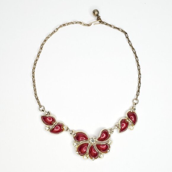 Vintage Red Floral Necklace Rhinestones Pearlescent Petals Goldtone 50s 60s - Picture 2 of 3